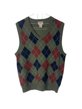 LL Bean Mens Argyle Sweater Vest Medium Green Wool Preppy Grandpa Old Money
